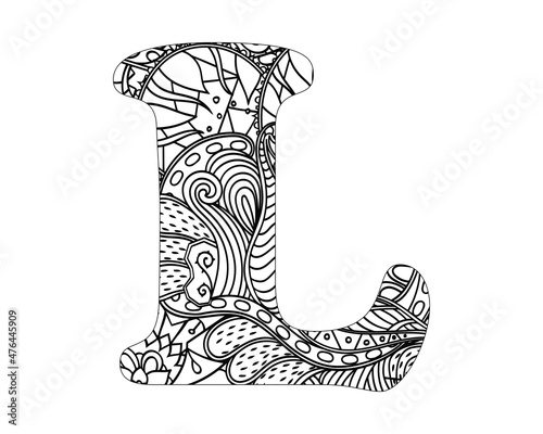 Alphabet mandala pattern, Mandala Style Letters L, Alphabet letter coloring book for adults vector illustration