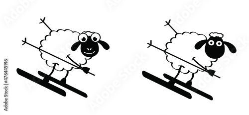 Cartoon, comic cutsheep stickman with ski jump. Sheep spring skier icon. Drawing sheep lamb sign or pictogram. Skiing Stick figure character. Happy animal face. Vector snow winter.