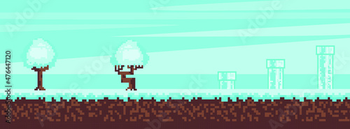 pixel game platform interface, winter, santa claus, adventure and level, pixel nature for games. Vector