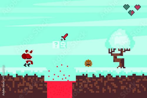 pixel game platform interface, winter, santa claus, adventure and level, pixel nature for games. Vector