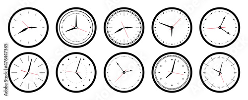 Blank clock faces isolated on white background. Fancy clock hands for watch design. Watchface illustration icons.