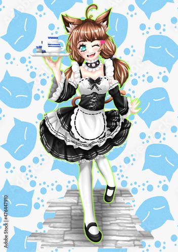 Kawaii neko girl with maid dress. photo