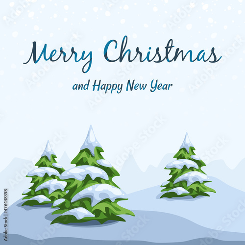 Vector Christmas or invitation card with winter landscape with fir trees.