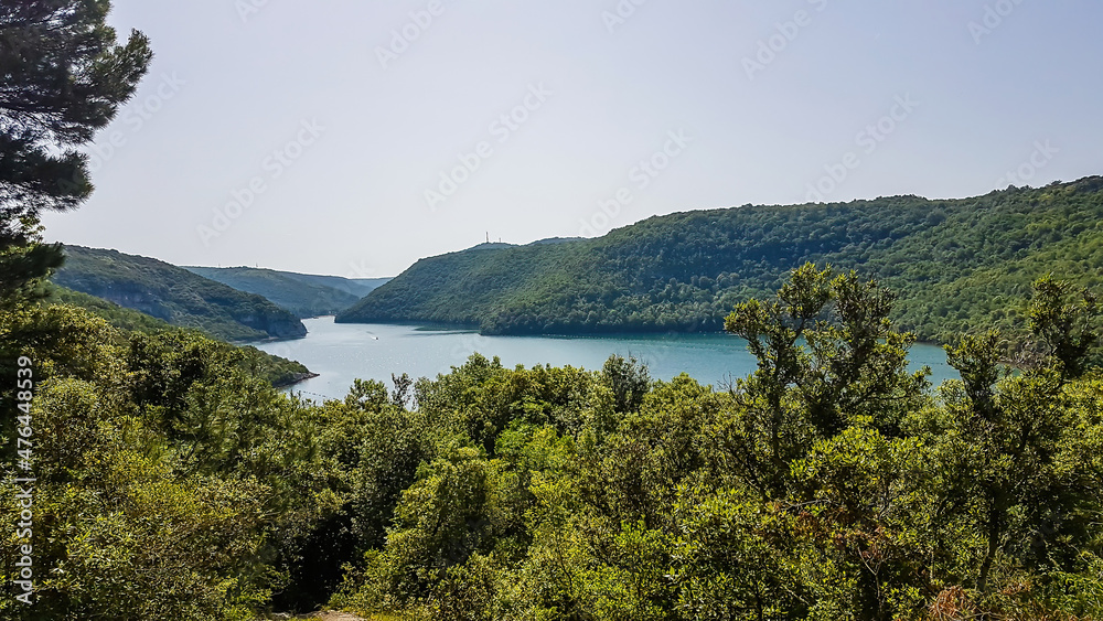 A sneak peak on a coastal line of Croatian fjord. A view on the fjord through the crown of the trees. Steep slopes going down straight to the water. Hills are covered with lush green plants. Overcast.