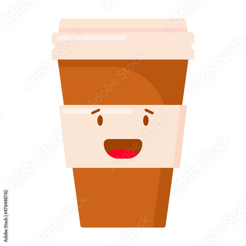 A cup of coffee with a label and a cheerful face in the flat style.