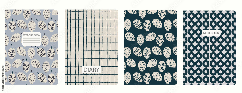 Set of cover page templates based on patterns with fir cones, plaid, abstract circles. Blue, Beige-colored, pastel backgrounds for notebooks, notepads, diaries, planner. Headers isolated, replaceable Set of cover page templates based on patterns with fir cones, plaid, abstract circles. Blue, Beige-colored, pastel backgrounds for notebooks, notepads, diaries, planner. Headers isolated, replaceable
