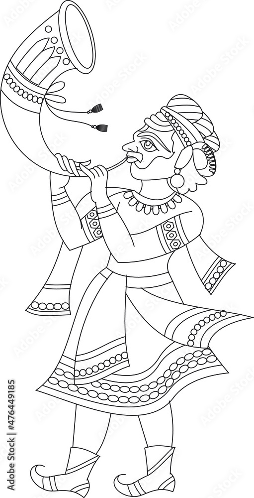 Indian wedding trumpet player were drawn in Indian folk art, Kalamkari style. for textile printing, logo, wallpaper
