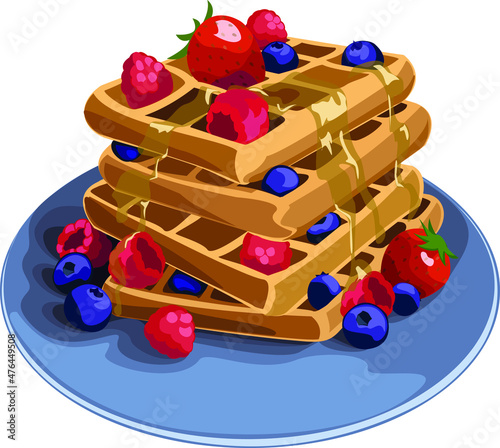 waffles with berries and maple syrup on a blue plate. Food illustration