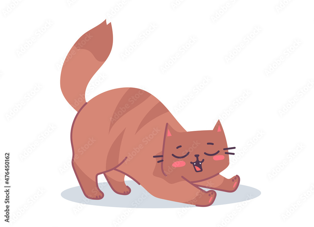 Vector illustration of happy cute striped cat character on white color background. Flat line art style design of cute animal cat Vector illustration of happy cute striped cat character on white color background. Flat line art style design of cute animal cat