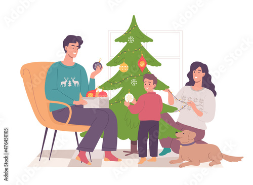 Happy family decorating their Christmas tree together. Colorful cartoon character illustration 
