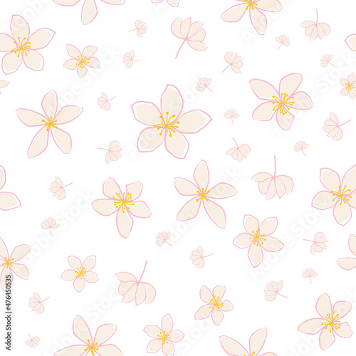 Jasmine floral vector seamless pattern background. Line art hand drawn flower heads, blossom, petals. Pink white backdrop.Botanical repeat for medicinal healing plant. All over print for wellness