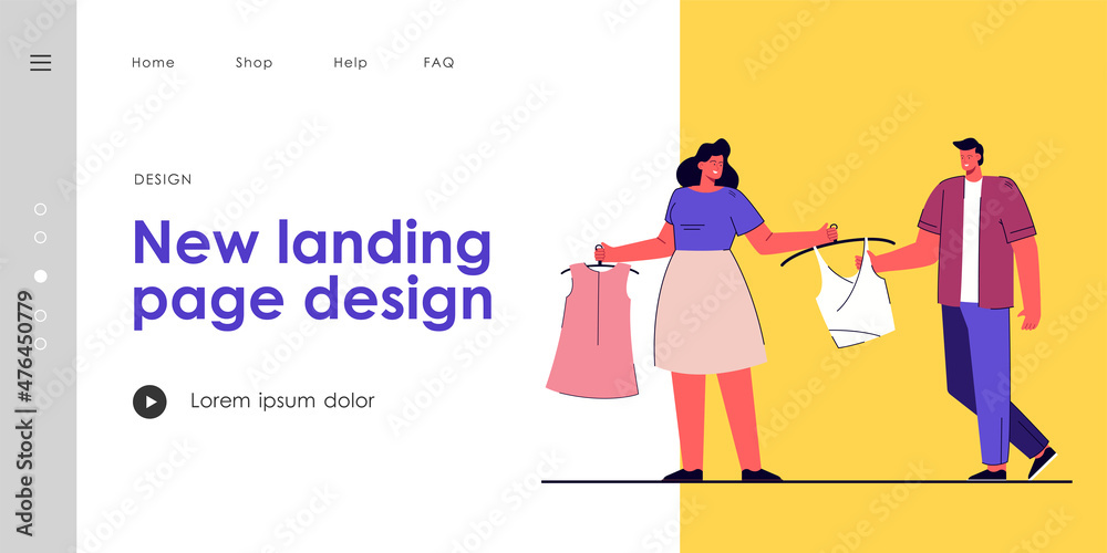 Woman showing new clothes to man. Wife showing new top and dress to husband. Clothes shopping. Shopping concept for banner, website design or landing web page