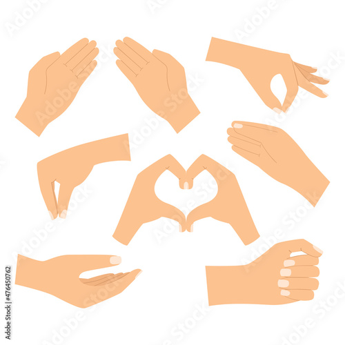 A set with empty human hands. The hand holds, gives, depicts a heart gesture, holds with two fingers, a pinch gesture. Cartoon light-skinned hands. Vector illustration isolated on a white background