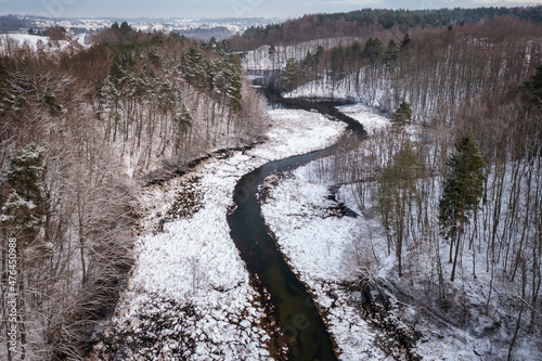Winter scenery of the Radunia river meanders, Kashubia. Poland