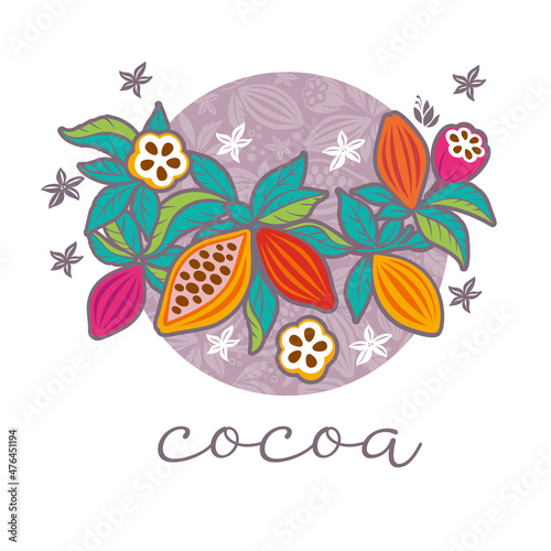 Cocoa beans with leaves. Drawn cocoa beans, tropical fruits, foliage. Organic desserts, aromatic drinks, natural chocolate. Vector graphic background.