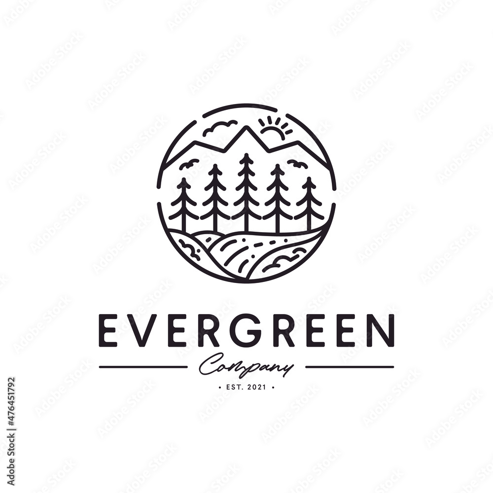 Evergreen Pine Tree Forest and Creek River for Camp Adventure Vintage Hipster Logo Evergreen Pine Tree Forest and Creek River for Camp Adventure Vintage Hipster Logo