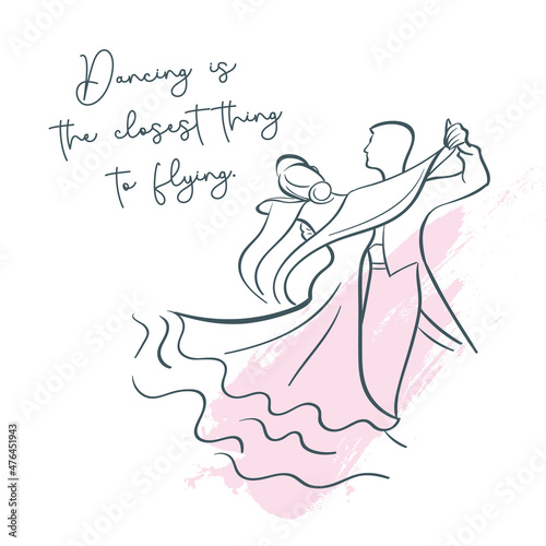 Professional dancer with dancing couple woman and man dancing. Continuous drawing of one line. Vector graphic.