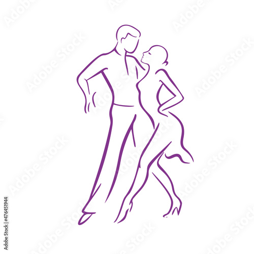 Professional dancer with dancing couple woman and man dancing. Continuous drawing of one line. Vector graphic.