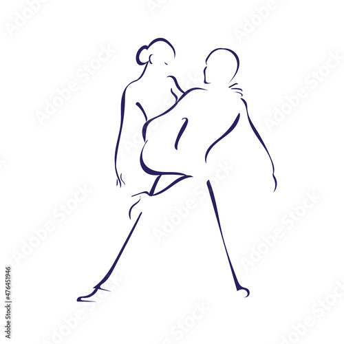 Professional dancer with dancing couple woman and man dancing. Continuous drawing of one line. Vector graphic.