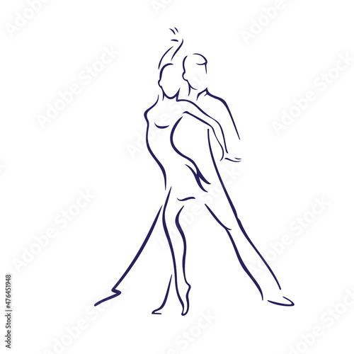 Professional dancer with dancing couple woman and man dancing. Continuous drawing of one line. Vector graphic.
