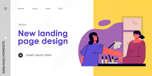 Woman doing manicure vector illustration. Young female character doing manicure in salon. Manicured nails. Woman hands. Beauty concept for banner, website design or landing web page