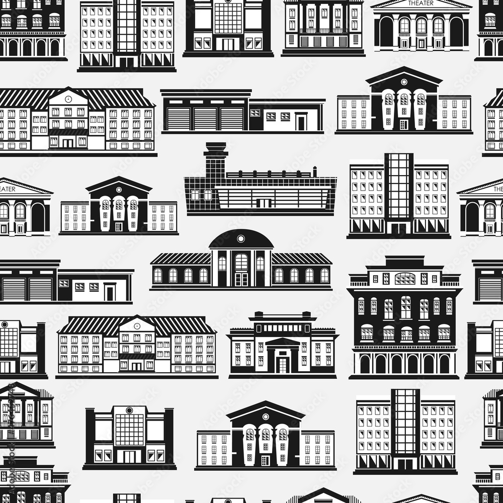Seamless vector pattern with black and white buildings on a light gray background.
