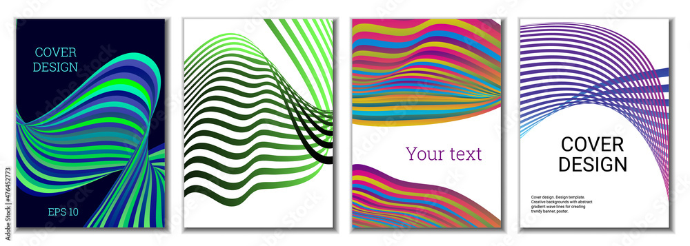 A set of 4 abstract covers. Wavy parallel gradient lines, ribbons evolve. Cover design, background. Trendy banner, poster. A set of 4 abstract covers. Wavy parallel gradient lines, ribbons evolve. Cover design, background. Trendy banner, poster.