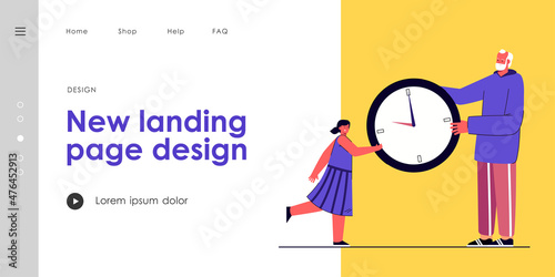 Grandfather and little girl holding giant watch together. Flat vector illustration. Tiny cartoon old man giving huge clock little girl in dress. Time, generation, family concept for banner design
