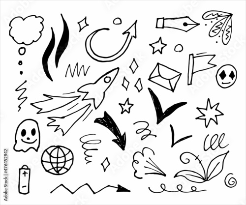 Hand drawn collection of doodle elements for design concept. Arrows  splashes  waves  broken lines  drops  circles  curly squiggles  geometric shapes and other abstract objects in the doodle style.