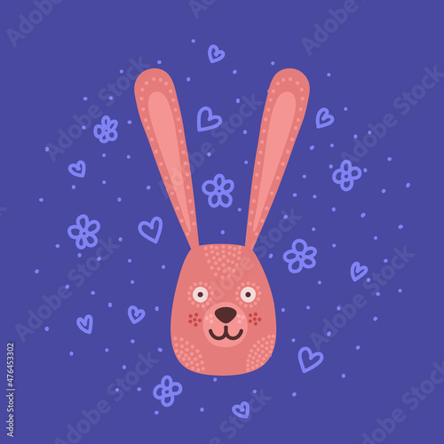 Head with expression of emotions of a funny bunny in cartoon style isolated on a colored background.