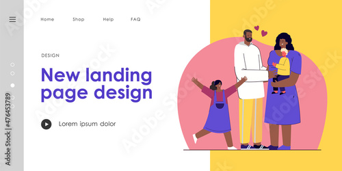 Family welcoming foster child. Black woman holding white boy. Everyone happy and loving. Girl jumping joyfully. Foster parenting concept for banner, website design or landing web page © PCH.Vector