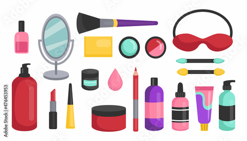 Cosmetic beauty products set. Vector illustrations of facial skin care and makeup. Cartoon lotion cream lipstick brush pencil eyeshadow nail polish isolated on white. Skincare, fashion concept