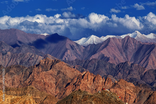 Rocky landscape with ice peaks and blue cloudy sky in background , Ladakh, Jammu and Kashmir, India