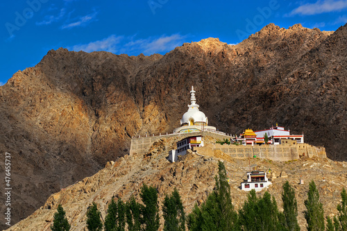 Shanti Stupa with view of Himalayan mountain and blue sky in background,Ladakh,Jammu and Kashmir, India