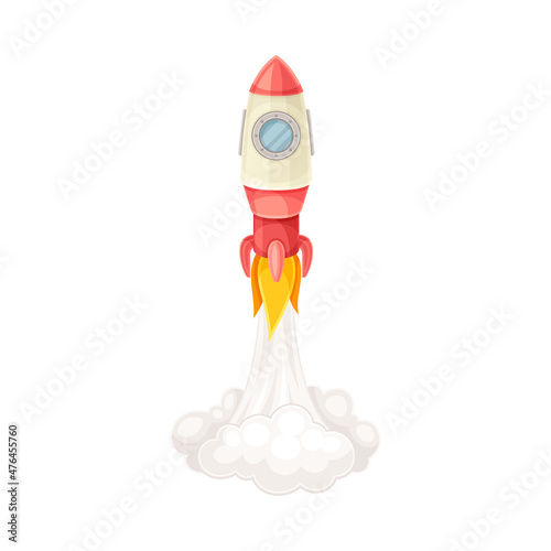 Red Rocket as Spacecraft with Engine Exhaust Launching in Space Vector Illustration