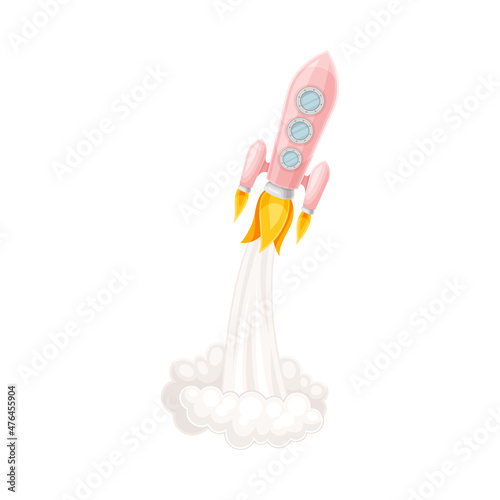 Pink Rocket as Spacecraft with Engine Exhaust Launching in Space Vector Illustration