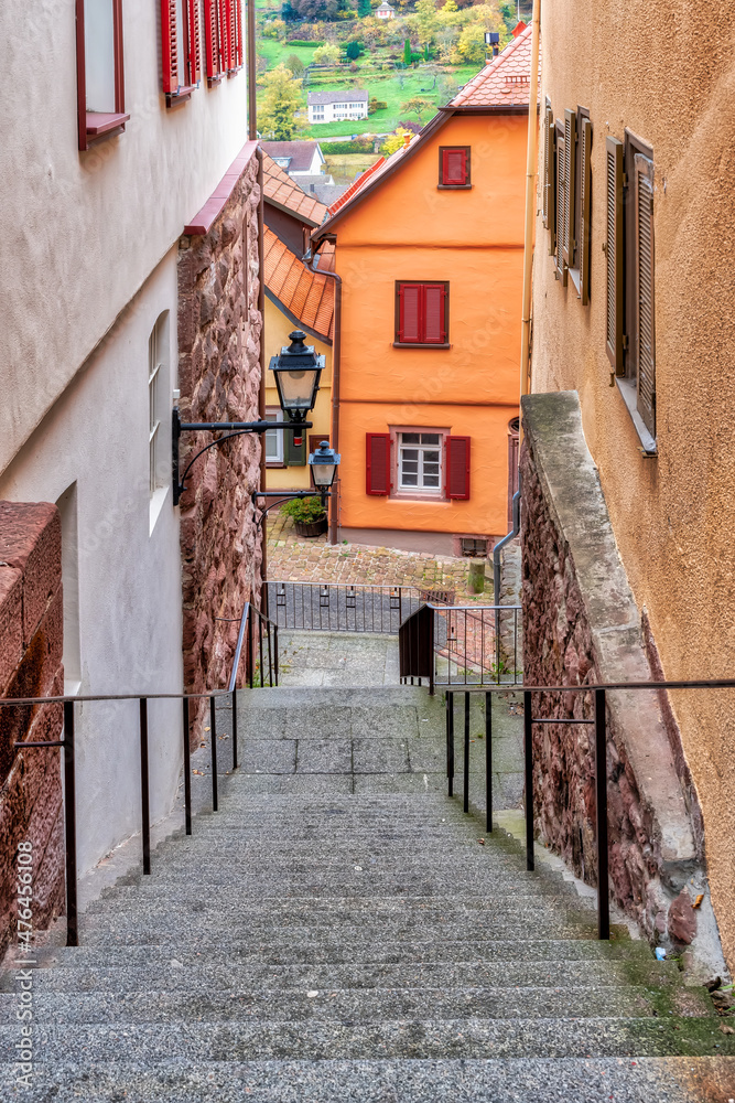 Narrow alley with stairs in Altensteig, Black Forest, Germany. -Schmales Gässchen mit Treppen in Altensteig, Schwarzwald, Deutschland
