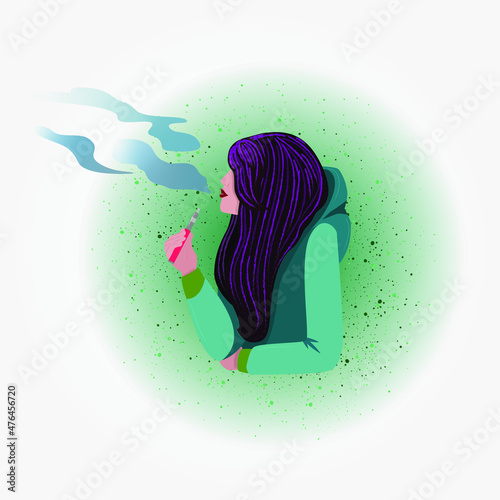 Vector drawing. Circle shape. A young girl with bright hair smokes an electronic cigarette. Vape. Vaper. Harm and benefit.