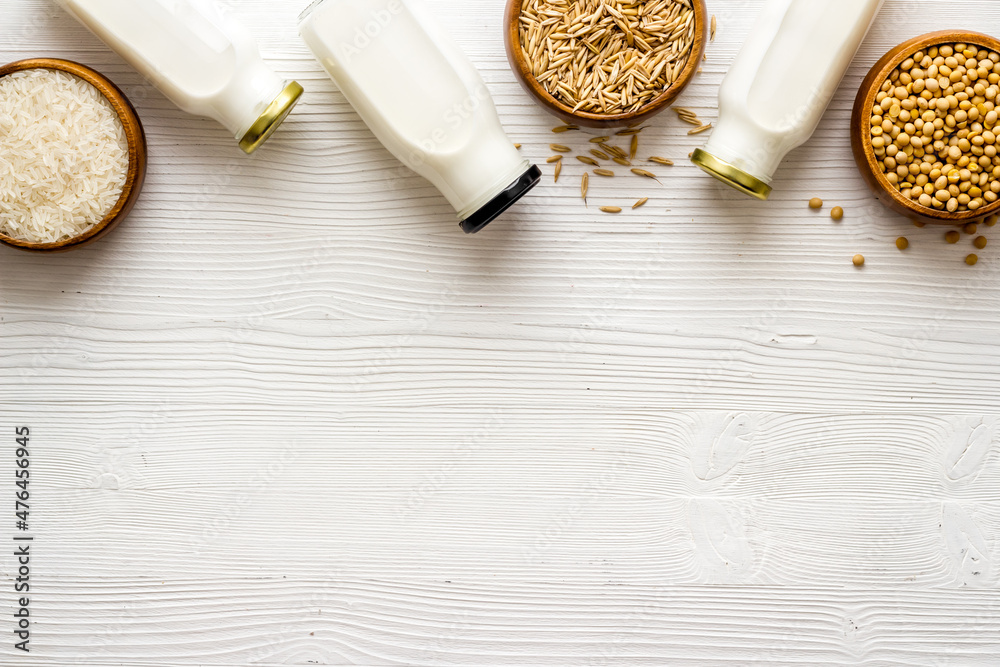 Almonds rice and oats milk. Non dairy vegan diet nutrition Almonds rice and oats milk. Non dairy vegan diet nutrition