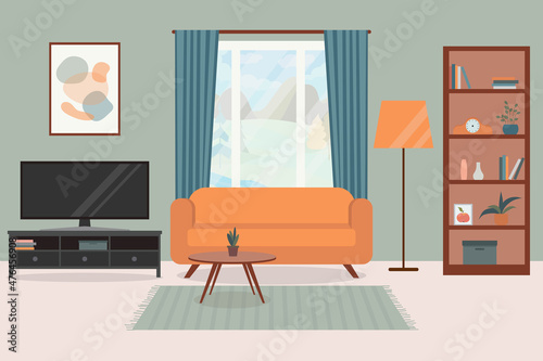 Cozy living room interior, with a large window, sofa, TV and poster painting.