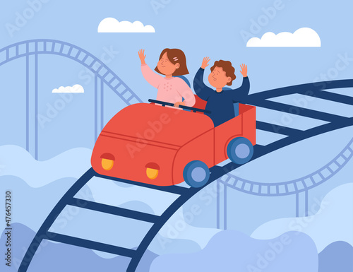 Cartoon kids riding high rollercoaster in amusement park. Scared boy and happy girl in roller coaster car flat vector illustration. Entertainment, leisure concept for banner or landing web page