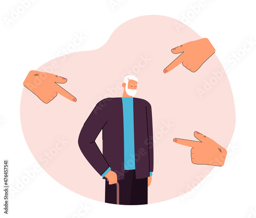 Hands pointing with finger at unhappy outcast elderly man. Violence, blame and hate to old people flat vector illustration. Stop bullying concept for banner, website design or landing web page