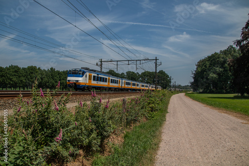 Moving blue yellow white Dutch NS Sprinter Train along a gravel road and the fields of Estate Biljoen, Velp.