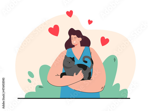 Hugs and love from owner of pet to adorable cat. Woman adopting pretty kitten from shelter flat vector illustration. Adoption of animal, kindness concept for banner, website design or landing web page