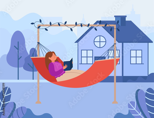 Happy woman reading book in hammock in backyard. Girl relaxing outside in summer, house in background, exterior flat vector illustration. Leisure, holiday concept for banner or landing web page