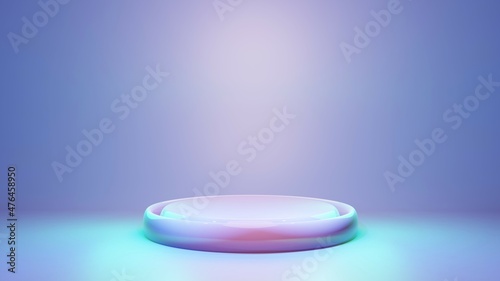 Product showcase stage pedestal in pastel color holographic effect lights. Cosmetics beauty podium platform. 3d render scene display background