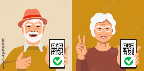 Senior man and woman with smartphone QR code of Covid-19 coronavirus. Vaccinated digital certificate passport on device screen.