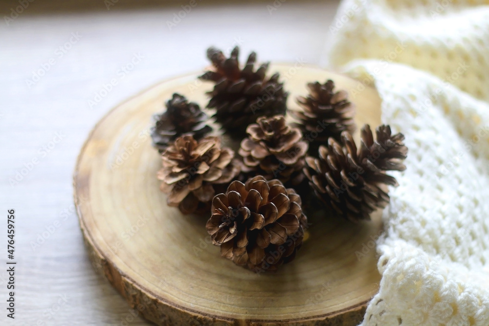 Wooden tray with pine cones and soft knitted blanket. Hygge at home. Selective focus. Wooden tray with pine cones and soft knitted blanket. Hygge at home. Selective focus.