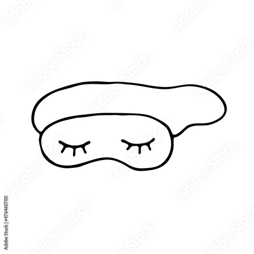 A hand-drawn fashionable illustration of a sleeping mask with closed eyes. Doodle style. Vector image with a black outline on a white background