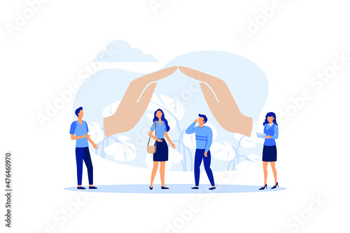 hand protection house . human life insurance. the metaphor of hand over the people to protect against accidents to life and personal property. accident insurance schedule designvector flat ilustration